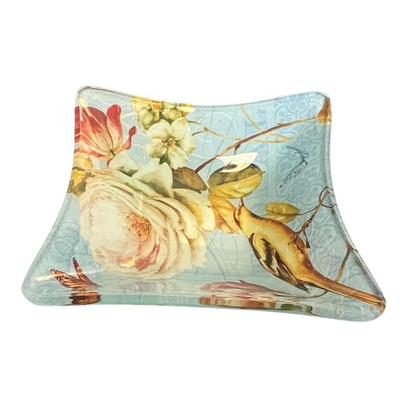 Lisa Audit Glass Trinket Bowls Set Of 3 Turquoise Floral & Bird Design Decorativ - Picture 4 of 4